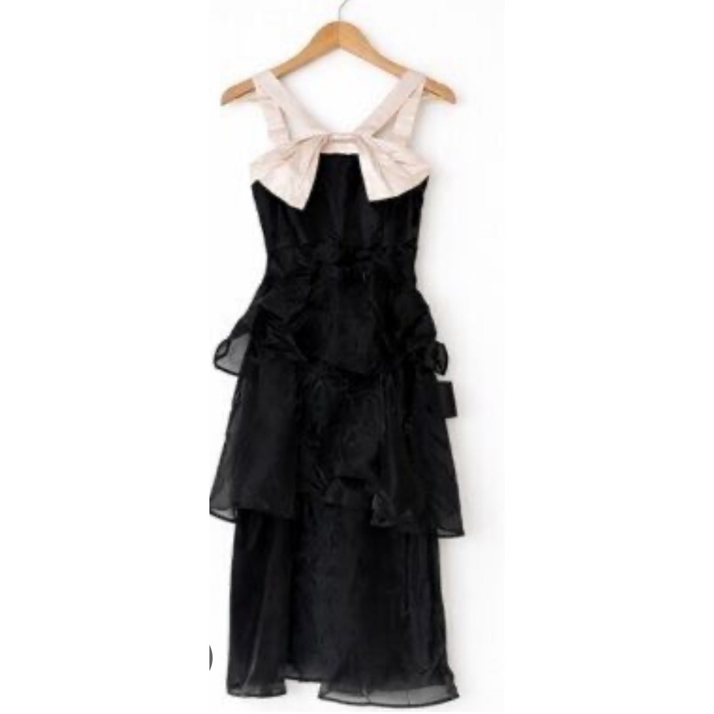 Lulus Black Organza Tiered Midi Dress Cream‎ Bow Cocktail Formal Size L NWT
